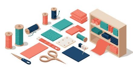 Obraz premium Isometric sewing tools and materials in a craft workshop with thread spools and fabric