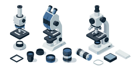 Isometric microscopes and lenses collection for laboratory and scientific research