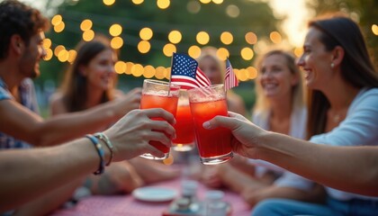 Group of friends celebrate Independence Day with drinks, american flags. Outdoor gathering features warm lighting, joyful expressions. Festive summer party scene, shared camaraderie, patriotic spirit.