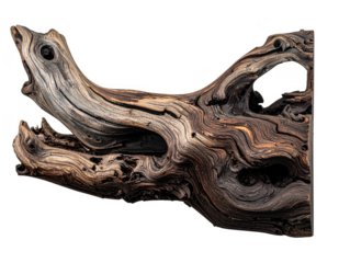 dark dead driftwood piece isolated on white or transparent
