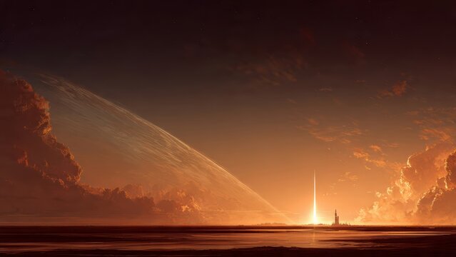A stunning sunset scene features a distant rocket launch against a cosmic backdrop of clouds and a ringed planet.
