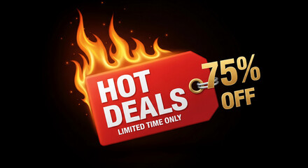 Red tag with "Hot Deals" text and fiery effect, showing a "75% Off" golden text, symbolizing significant discount and marketing promotion