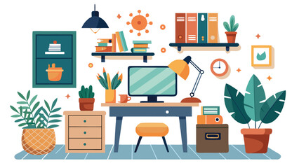 Cozy home office setup with plants and books