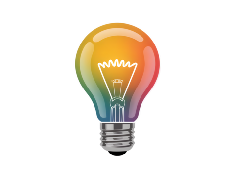 a colorful glowing idea bulb lamp, isolated design element visualization of brainstorming, bright idea and creative thinking Isolated on white and transparent background