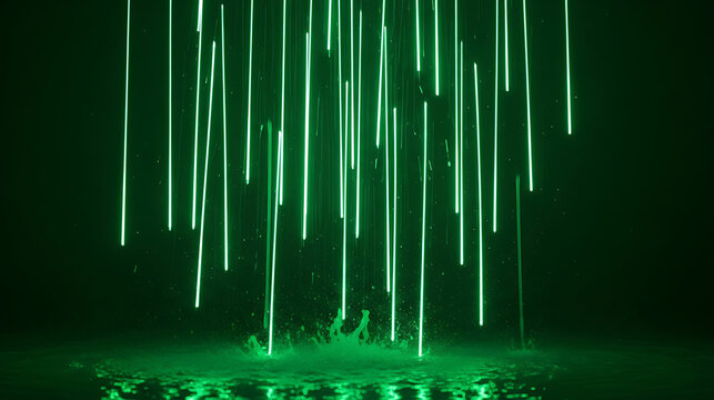 Abstract green light trails falling down on a dark background