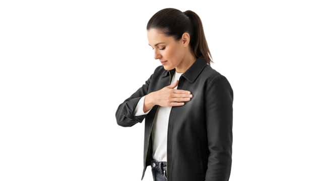 Woman in black leather jacket with hand on chest isolated on transparent background concept of honesty, sincerity, gratitude, and emotional expression