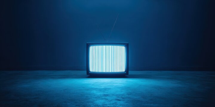 Semi Grunge Mood concept. A glowing television with stripes, set against a dark background.