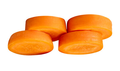 Side view of orange carrot slices in stack isolated with clipping path in png file format