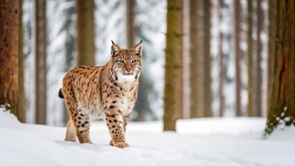 Eurasian Lynx walking in snow covered forest