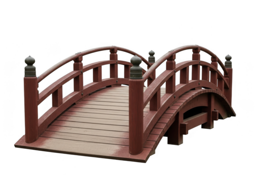 A traditional japanese wooden bridge with a curved design, isolated on transparent background