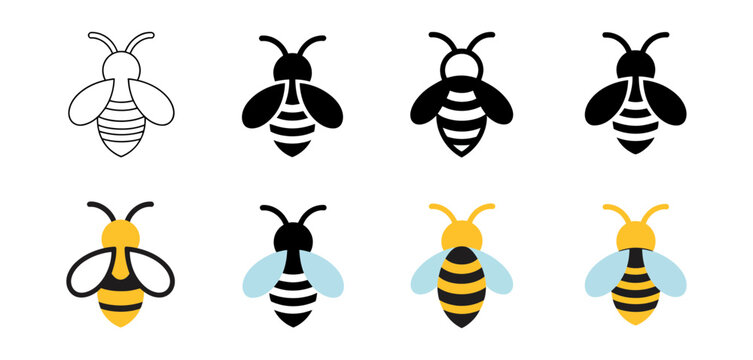 Set of diverse bee icons in various graphic styles, featuring outline, solid black, and colorful designs with striped bodies and transparent or blue wings.