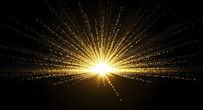 Bright golden starburst explosion of light and particles on black background