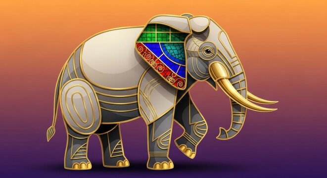 An ornate mechanical elephant with golden accents and stained glass details stands against a warm gradient background.