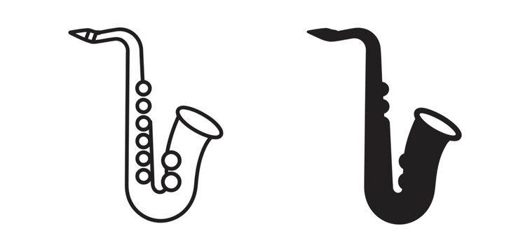 Stylized saxophone icons set with an outline illustration and a solid black silhouette design, minimalist vector graphic ideal for jazz and music concepts