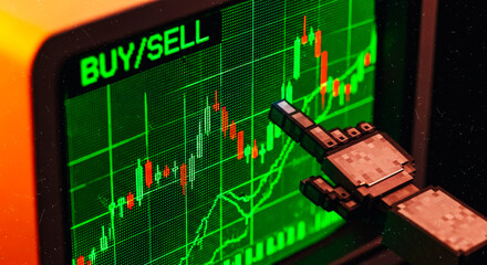 A robotic hand interacting with a financial graph on a retro computer, symbolizing modern technology's impact on markets, the Buy/Sell indicator displayed.