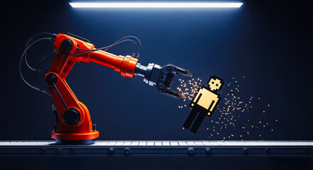 A futuristic robotic arm with a pixelated person, this image presents a thought-provoking concept.