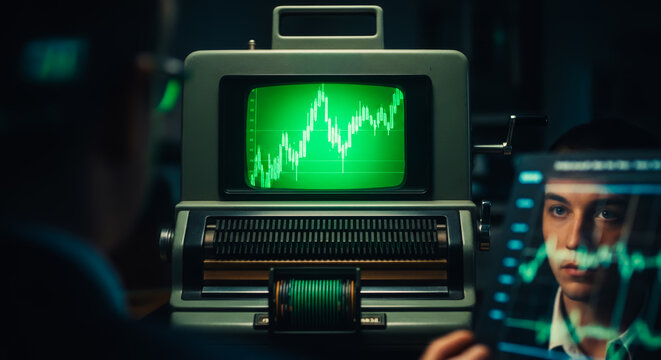 A focused individual analyzes intricate financial data displayed on a retro computer screen, immersed in a high-tech, office environment.