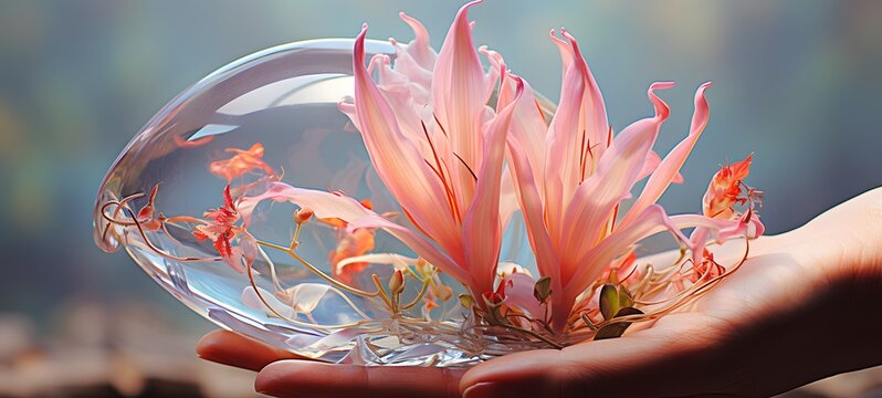 A cocoon , a small creature made of glass that is sitting in the palm of your hand ,generative AI