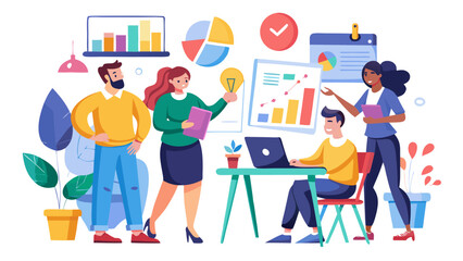 Diverse team collaborating on business strategy with data visualization