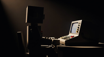 A retro-futuristic silhouette of a robot, working diligently at a vintage computer, bathed in the dramatic glow of a spotlight. evoking a sense of nostalgic technology and mysterious purpose.