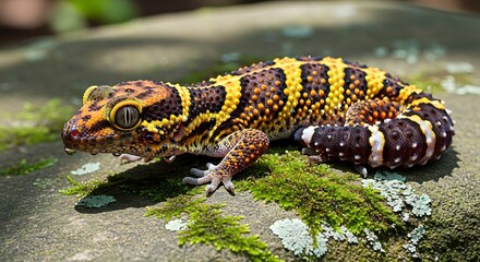Naklejka premium Vibrant banded gecko with intricate patterns rests on mossy rock.