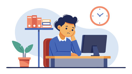 Bored office worker staring at computer screen with clock and books