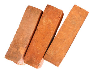 Side view of three cracked old red or orange bricks in stack isolated with clipping path in png file format