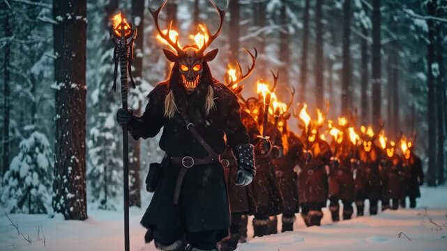 Group of figures in deer skull masks with burning torches walking through a snowy winter forest. Pagan Christmas ritual celebration.