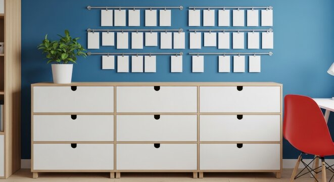 Modern home office featuring a blue wall, minimalist drawer unit, and hanging blank frames, creating a clean and organized workspace.