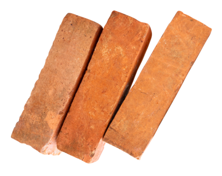 Side view of three cracked old red or orange bricks in stack isolated with clipping path in png file format