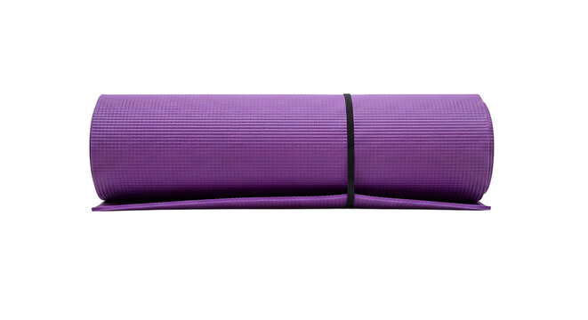 Close up of a rolled purple yoga mat isolated on transparent background, showcasing fitness equipment for exercise and relaxation