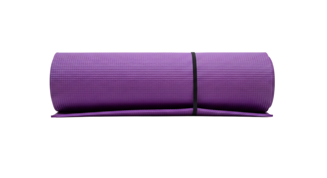 Close up of a rolled purple yoga mat isolated on transparent background, showcasing fitness equipment for exercise and relaxation