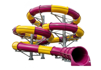 A colorful water slide with yellow and purple tubes, isolated on transparent background