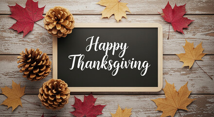 View of a chalkboard with "Happy Thanksgiving" text surrounded by autumn leaves and pine cones on weathered wood, representing the holiday season