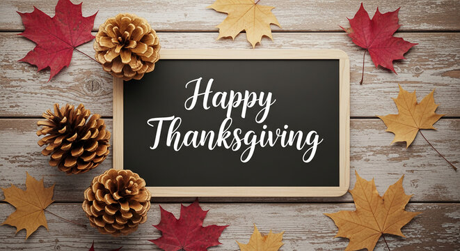 View of a chalkboard with "Happy Thanksgiving" text surrounded by autumn leaves and pine cones on weathered wood, representing the holiday season
