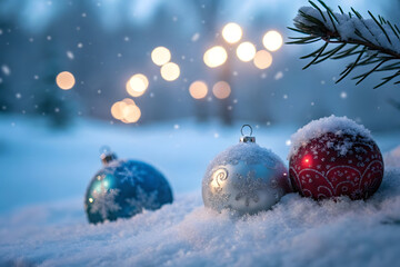 Christmas Ornaments in Snow with Winter Bokeh Lights &ndash; Festive Holiday Baubles in Frosty Outdoor Scene