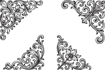 Intricate Engraved Floral Corner Set - Vintage Flourish Vector Ornaments