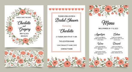 Elegant Coral & Green Floral Wedding Stationery Set - Bridal Shower, Invitation, Menu