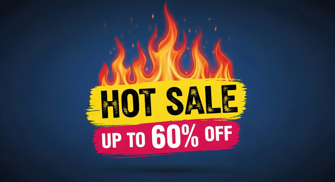 Fiery graphic with "Hot Sale" text on yellow and "Up to 60% Off" on red banner, symbolizing promotion, deal, and limited-time offer, against blue background