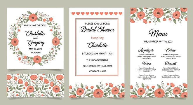 Elegant Coral & Green Floral Wedding Stationery Set - Bridal Shower, Invitation, Menu