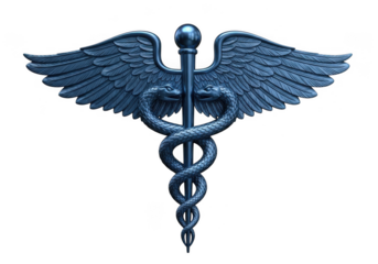 Caduceus symbol, medical symbol, rod of asclepius, winged staff with two snakes, isolated on transparent background