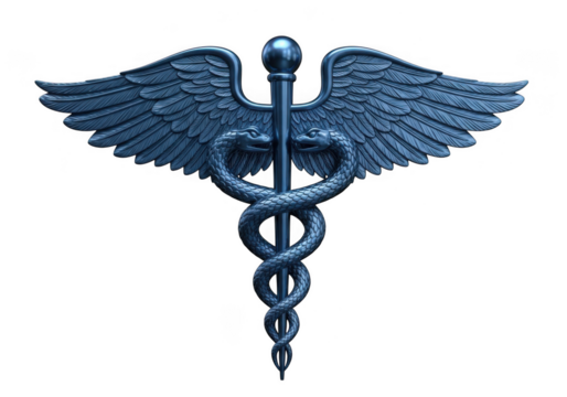 Caduceus symbol, medical symbol, rod of asclepius, winged staff with two snakes, isolated on transparent background