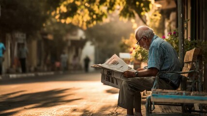 Elderly man reading newspaper on a bench in the warm afternoon sunlight - Powered by Adobe