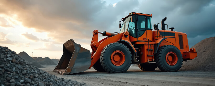 Orange bulldozer sits on dirt road at construction site with gravel piles. Big wheels and loader bucket are ready for heavy work. Cloudy sky looms overhead.