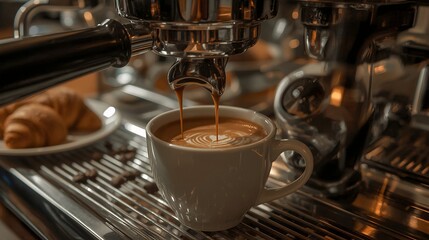 Ultra-realistic close-up of a professional espresso machine pouring fresh coffee into a cup, with croissants and scattered coffee beans on the counter in warm café lighting.