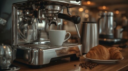 Realistic medium shot of an espresso machine in action, accompanied by fresh croissants and coffee beans on a wooden counter.