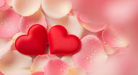 Two red hearts nestled among soft pink rose petals with water droplets
