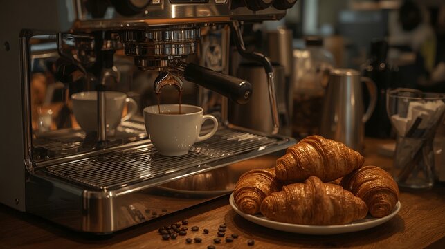 Medium view of a commercial coffee machine preparing a cup of coffee, with pastries and coffee beans arranged nearby in a cozy café interior.