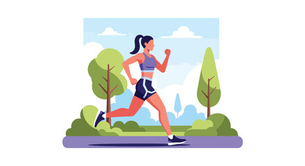 Flat vector athletic woman jogging outdoors on park path with dynamic stride and sporty outfit. Ideal for fitness blogs, running apps, healthy lifestyle designs, and wellness promotions