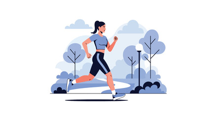 Flat vector athletic woman jogging outdoors on park path with dynamic stride and sporty outfit. Ideal for fitness blogs, running apps, healthy lifestyle designs, and wellness promotions